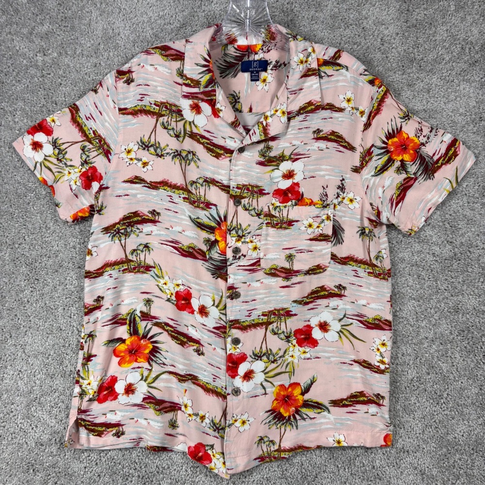 George Mens Pink Tropical Floral Hawaiian‎ Rayon Button Up Camp Shirt Medium M